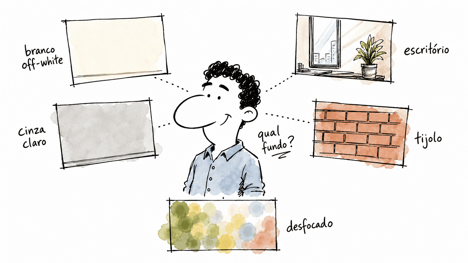 Doodle de personagem brasileiro posando pra foto do Linkedin com cinco fundos atrás: branco off-white, cinza, escritório, tijolo, desfocado.