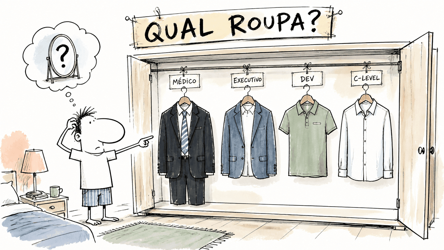 Doodle de personagem decidindo entre quatro peças no guarda-roupa: terno, blazer, polo e camisa, cada cabide com etiqueta de área.