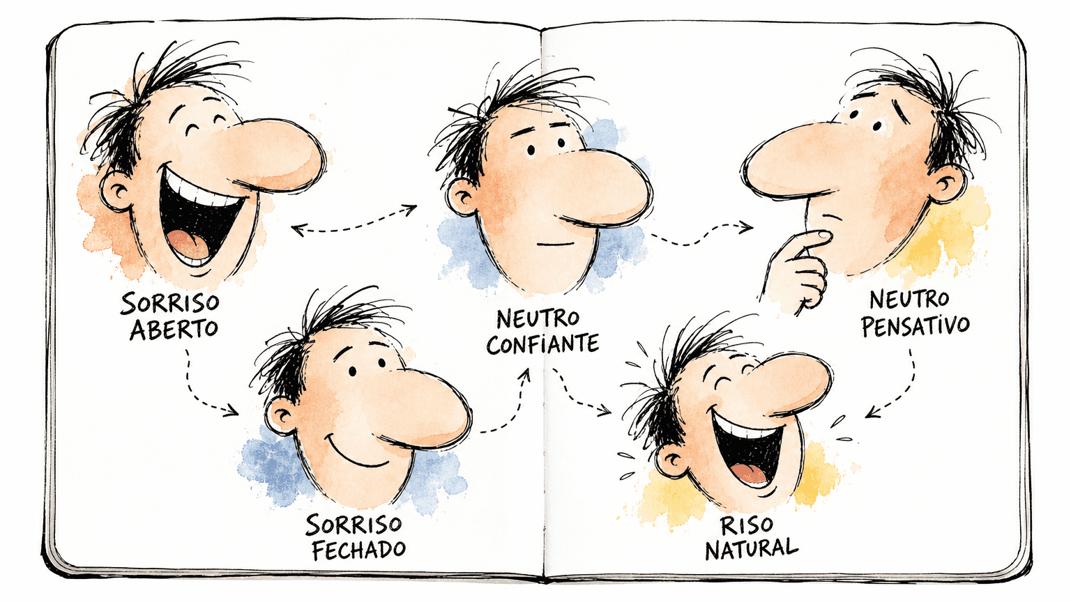 Doodle de personagem com cinco expressões: sorriso fechado leve, sorriso aberto curto, neutro confiante, neutro pensativo, riso natural. Etiquetas em português.