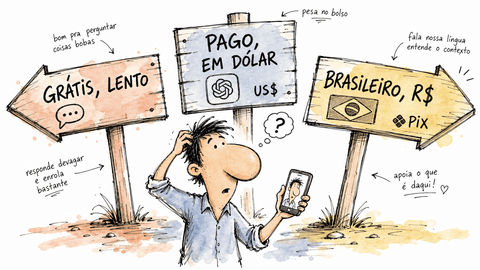Personagem-doodle com celular diante de três placas pt-BR: 'GRÁTIS, LENTO', 'PAGO, EM DÓLAR' e 'BRASILEIRO, R$' — 3 caminhos pra foto Linkedin com IA