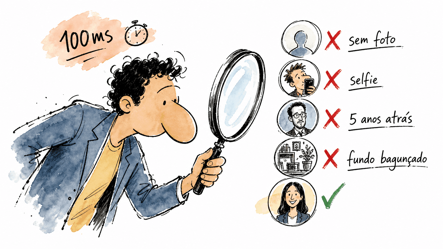 Doodle Red Bull de recrutador com lupa sobre 5 perfis Linkedin: quatro com marcas vermelhas e um aprovado, indicando o tempo de decisão