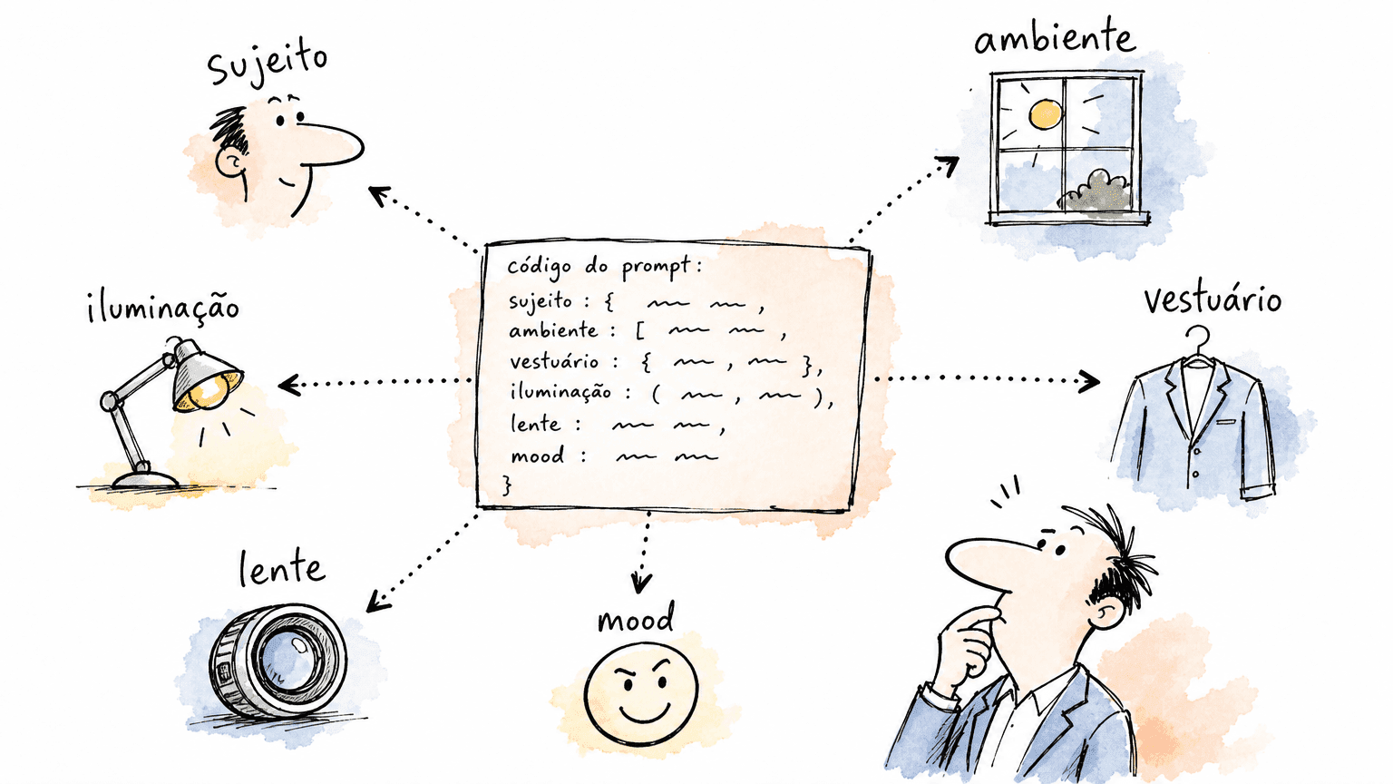Caixa de prompt central com 6 setas hand-lettered pra sujeito, ambiente, vestuario, iluminacao, lente e mood — anatomia do prompt para foto profissional
