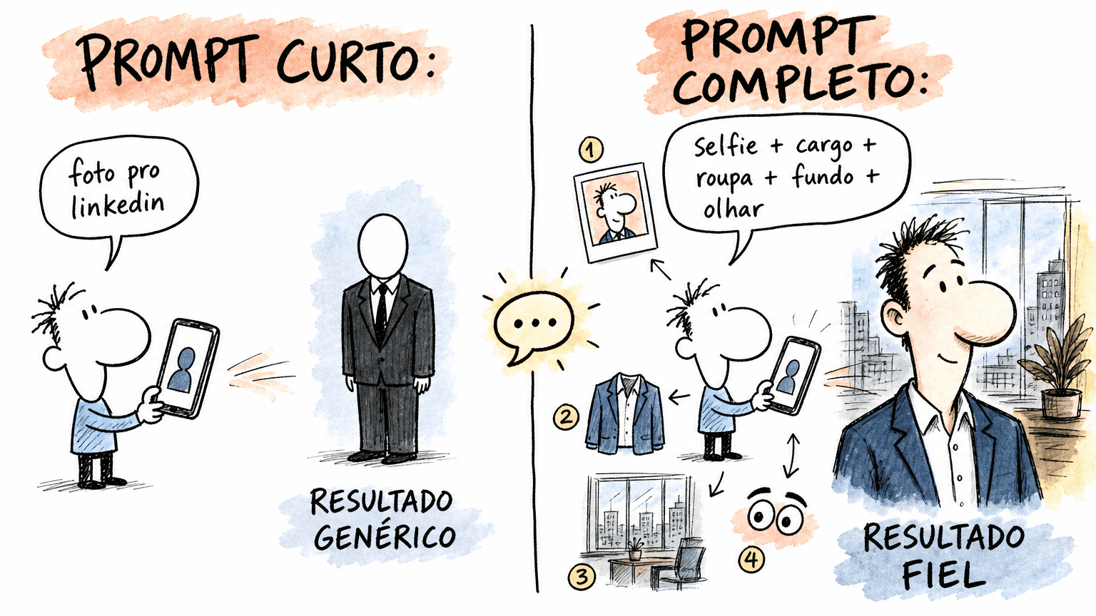 Split doodle Red Bull comparando prompt curto que gera avatar genérico vs prompt completo com selfie, cargo, roupa e fundo gerando retrato fiel.