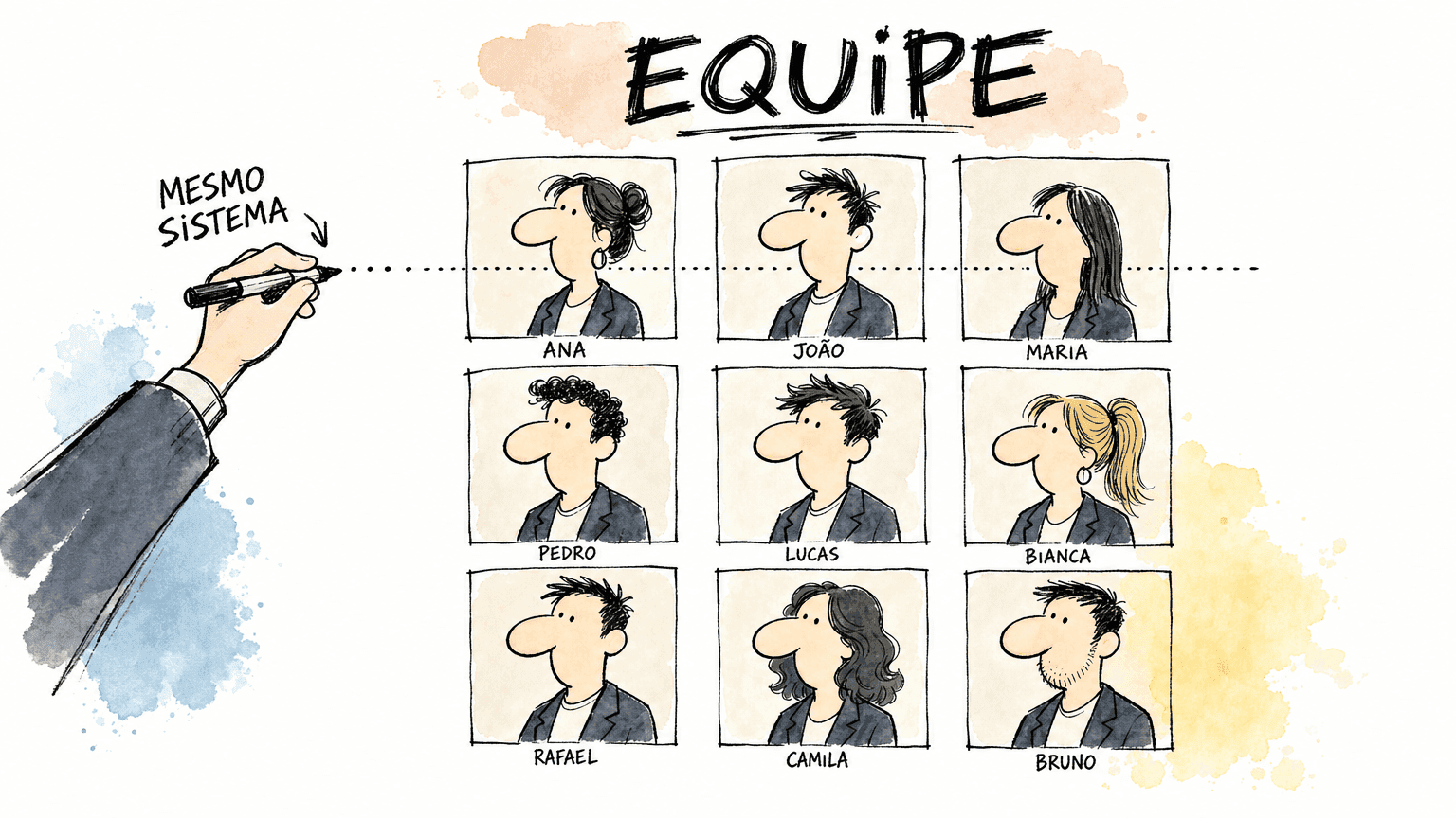 Doodle Red Bull de quatro vinhetas mostrando os 4 tipos de foto corporativa: retrato executivo, equipe inteira, lifestyle no escritório e foto do espaço físico.