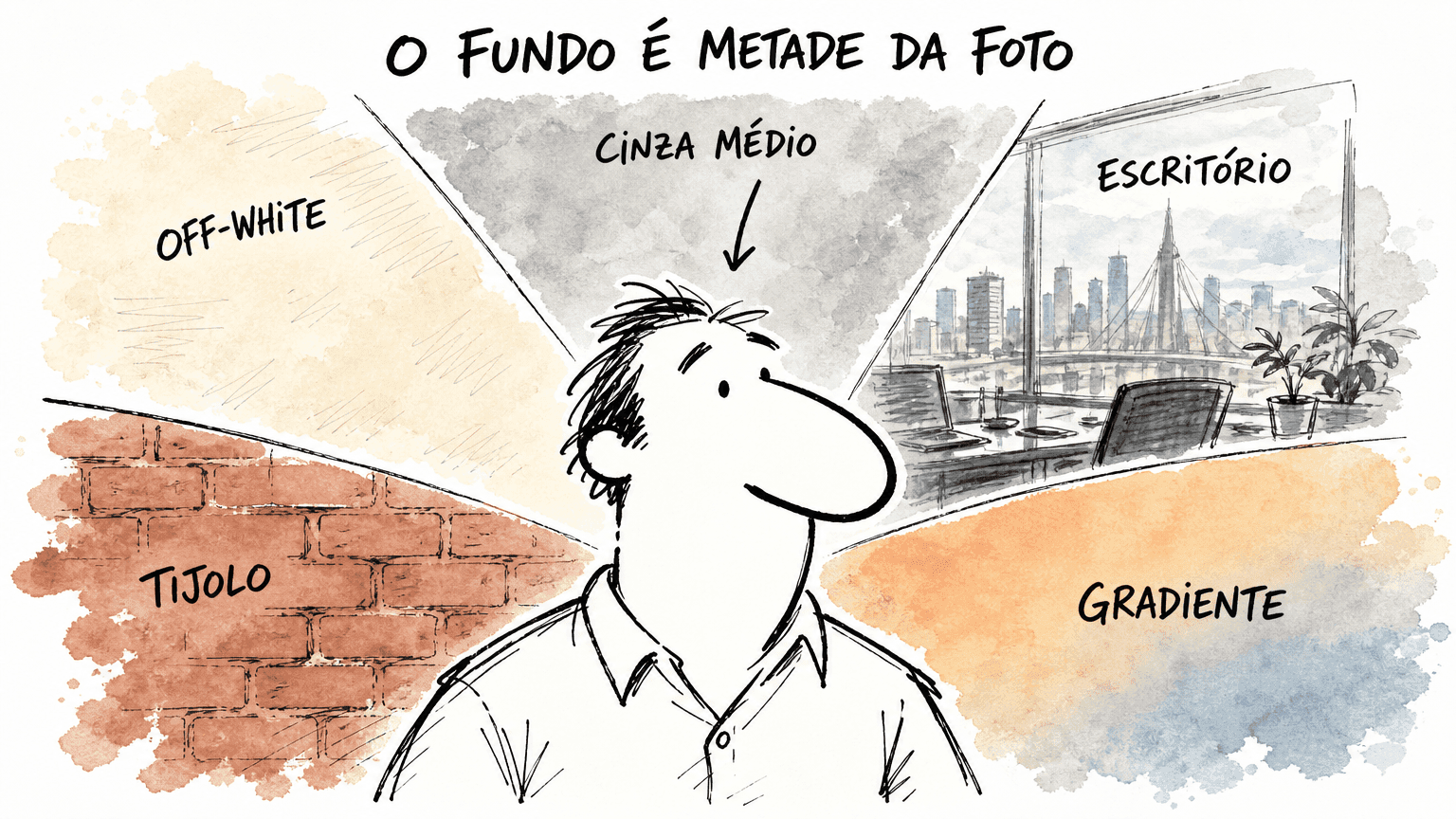 Doodle Red Bull de um profissional cercado por 5 opções de fundo diferentes (off-white, cinza, escritório, tijolo, gradiente).