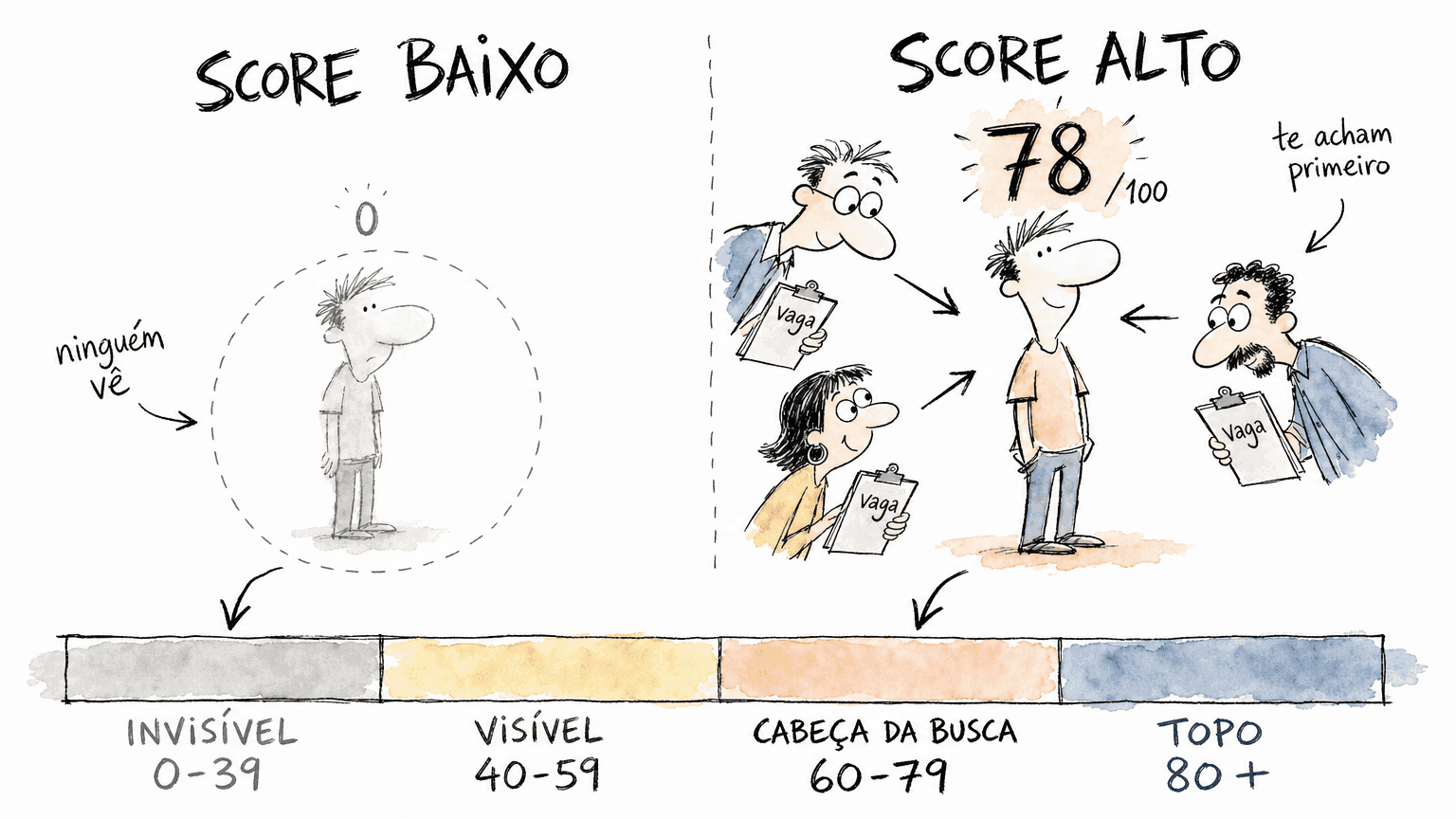 Doodle Red Bull do SSI do Linkedin: pessoa invisível em score baixo de um lado, pessoa cercada de recrutadores em score alto do outro, com barra 0 a 100.