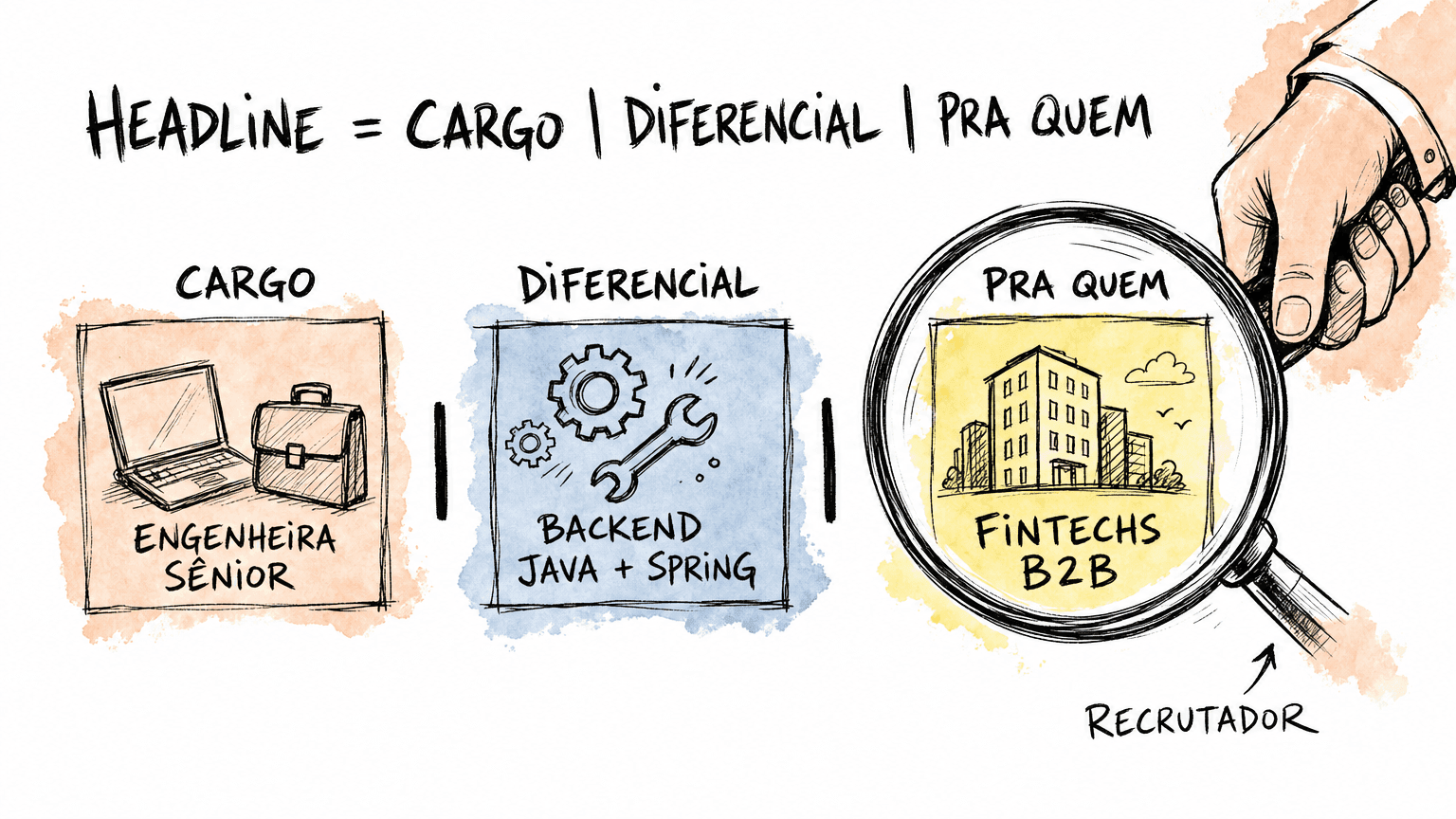 Doodle Red Bull do headline do Linkedin: 3 caixas hand-lettered em pt-BR formando a fórmula cargo, diferencial e pra quem, com lupa do recrutador encaixada.