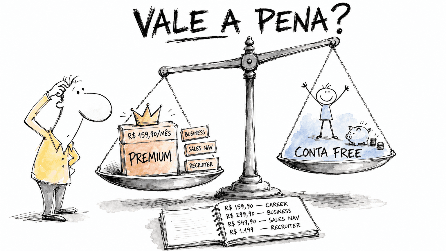 Doodle Red Bull do Linkedin Premium: balança com 4 caixas de planos em pt-BR (Career, Business, Sales Nav, Recruiter Lite) e preço em reais.