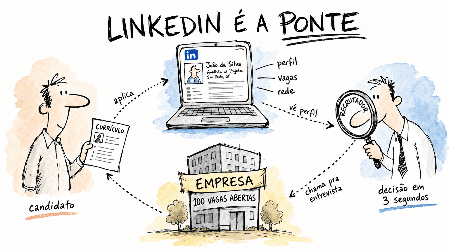Ilustração doodle Red Bull em pt-BR mostrando o Linkedin como ponte entre candidato, recrutador e empresa no Brasil em 2026.