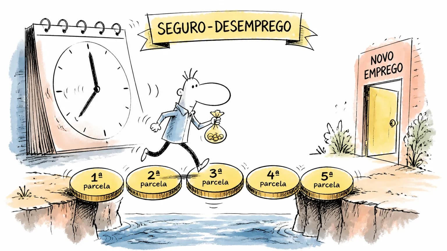 Ilustração de um trabalhador atravessando uma ponte feita de cinco parcelas do seguro-desemprego rumo a um novo emprego