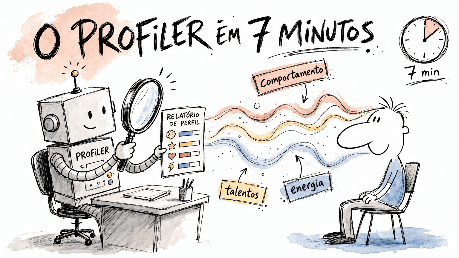 Ilustração Red Bull do Profiler da Sólides: um robô com lupa lê o comportamento do candidato em 7 minutos e devolve um relatório de perfil.