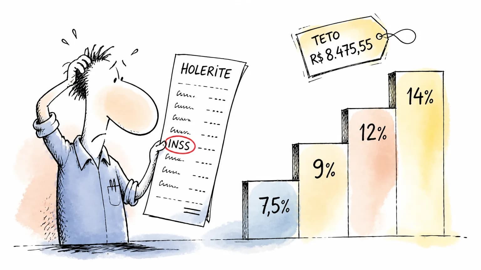 Trabalhador olhando o holerite com a linha do INSS destacada e a escada de alíquotas de 7,5% a 14% da tabela INSS 2026