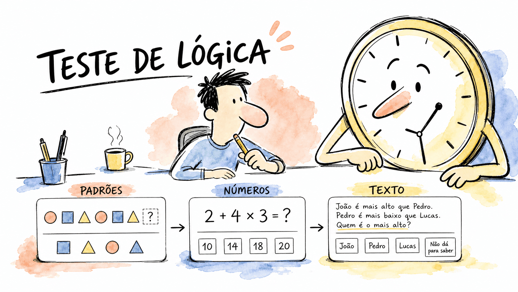 Ilustração de candidato resolvendo teste de lógica com padrões, números e texto