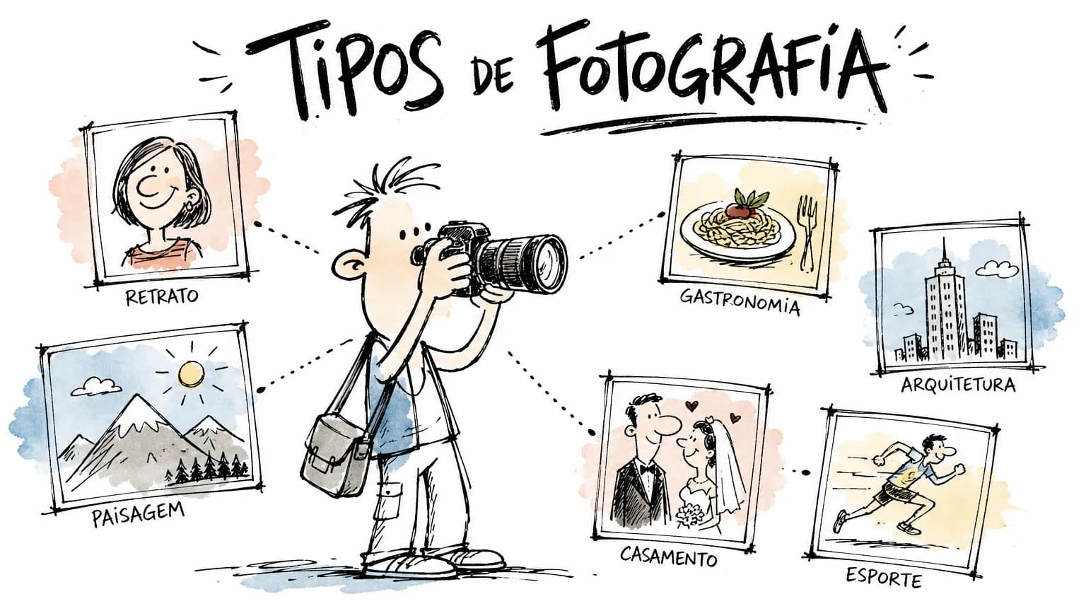 Cartoon de fotógrafo apontando a câmera, cercado por mini cenas dos tipos de fotografia: um rosto, uma paisagem, um prato de comida, um prédio e um casamento