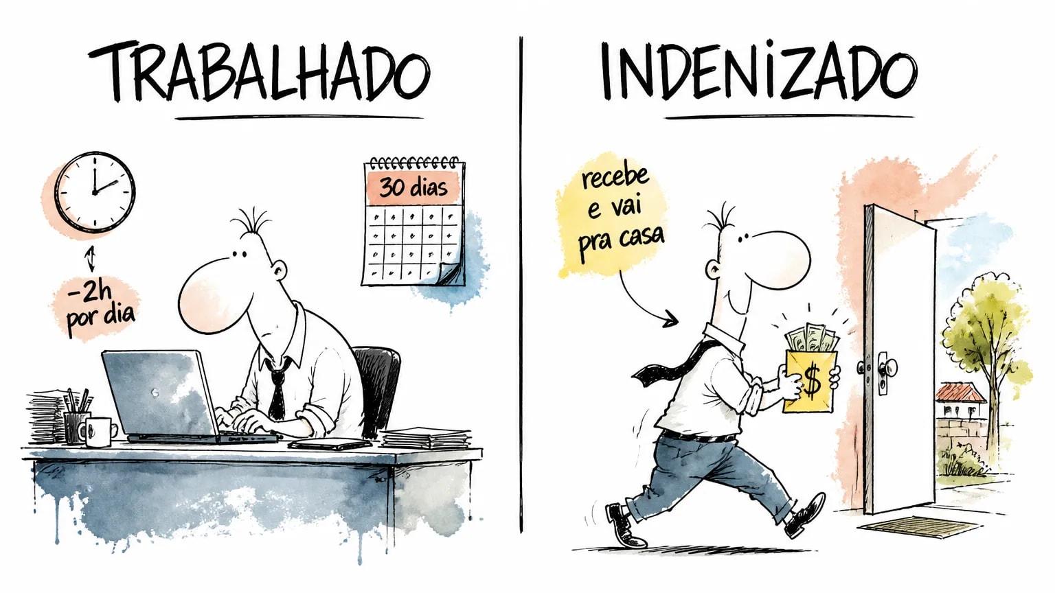 Comparativo entre aviso prévio trabalhado (com redução de 2 horas por dia durante 30 dias) e aviso prévio indenizado (recebe e vai para casa sem trabalhar).