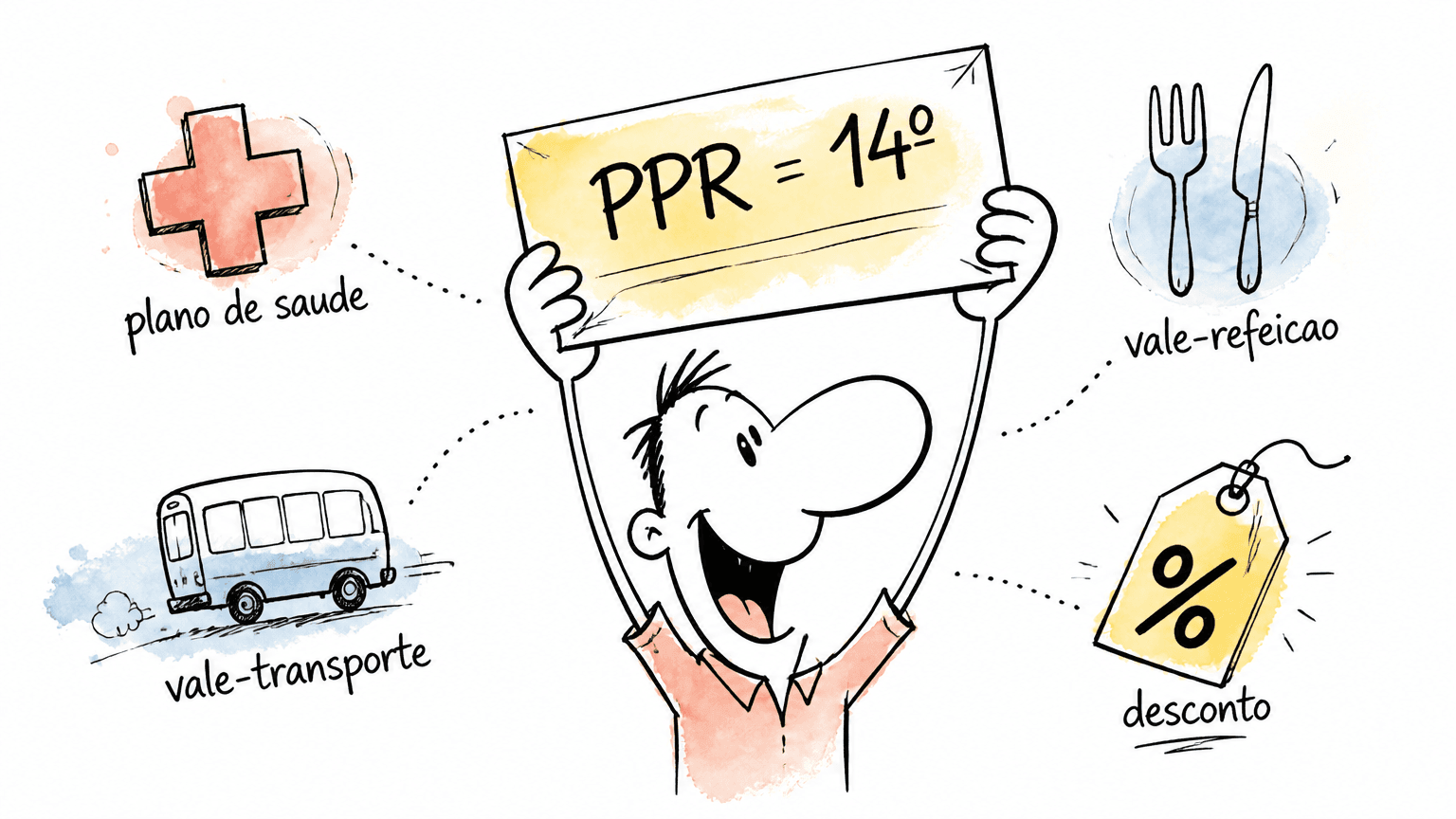 Cartoon de pessoa segurando o cartaz 'PPR = 14º' cercada por ícones de plano de saúde, vale-refeição, vale-transporte e desconto