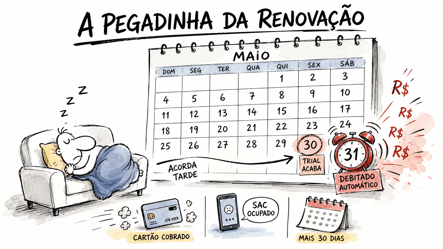 Doodle Red Bull em pt-BR mostrando a pegadinha da renovação automática da Catho: candidato dormindo enquanto cartão é debitado no preço cheio no dia seguinte ao fim do trial promocional.