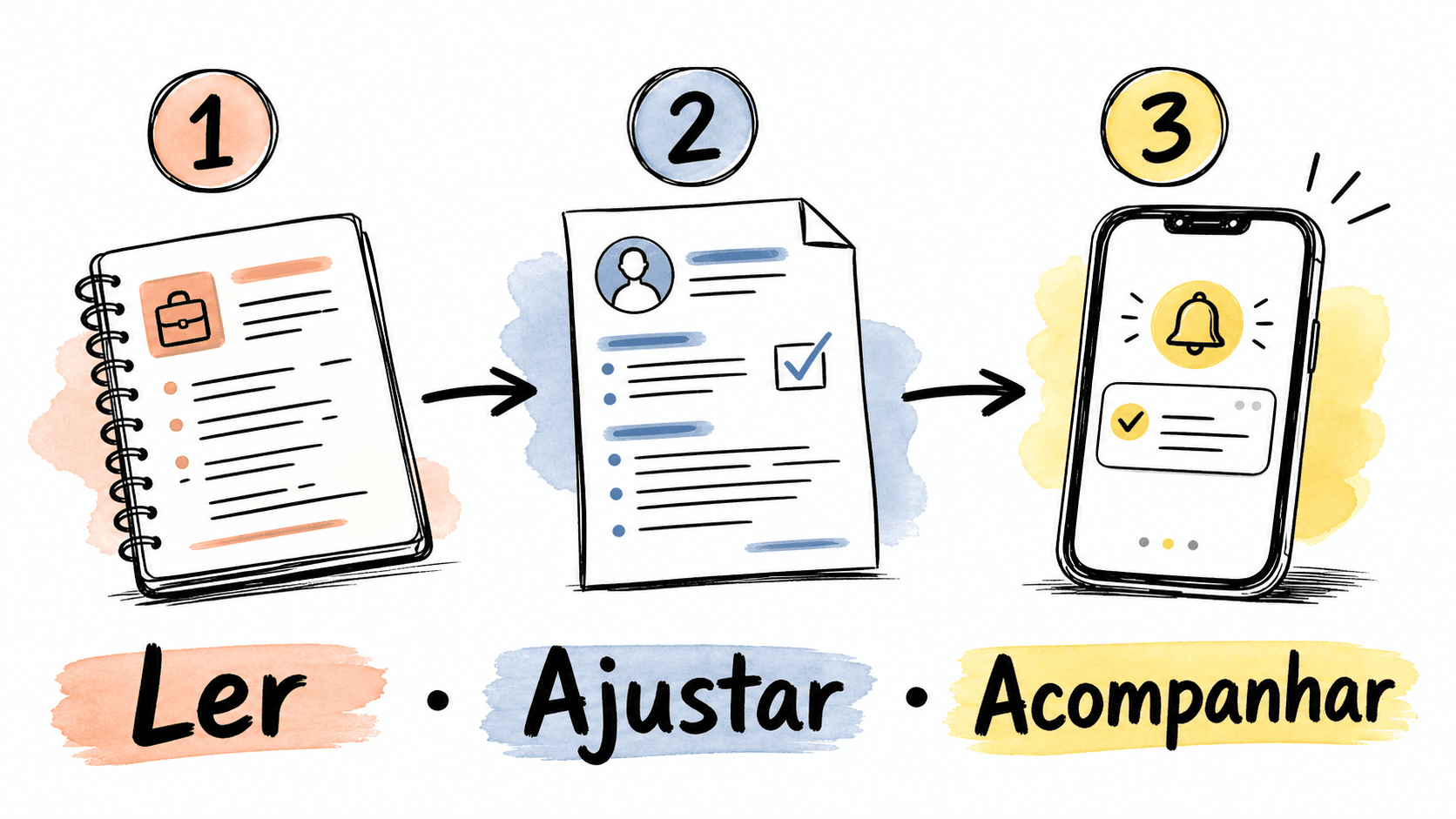 Fluxo visual para ler a vaga, ajustar o currículo e acompanhar a candidatura