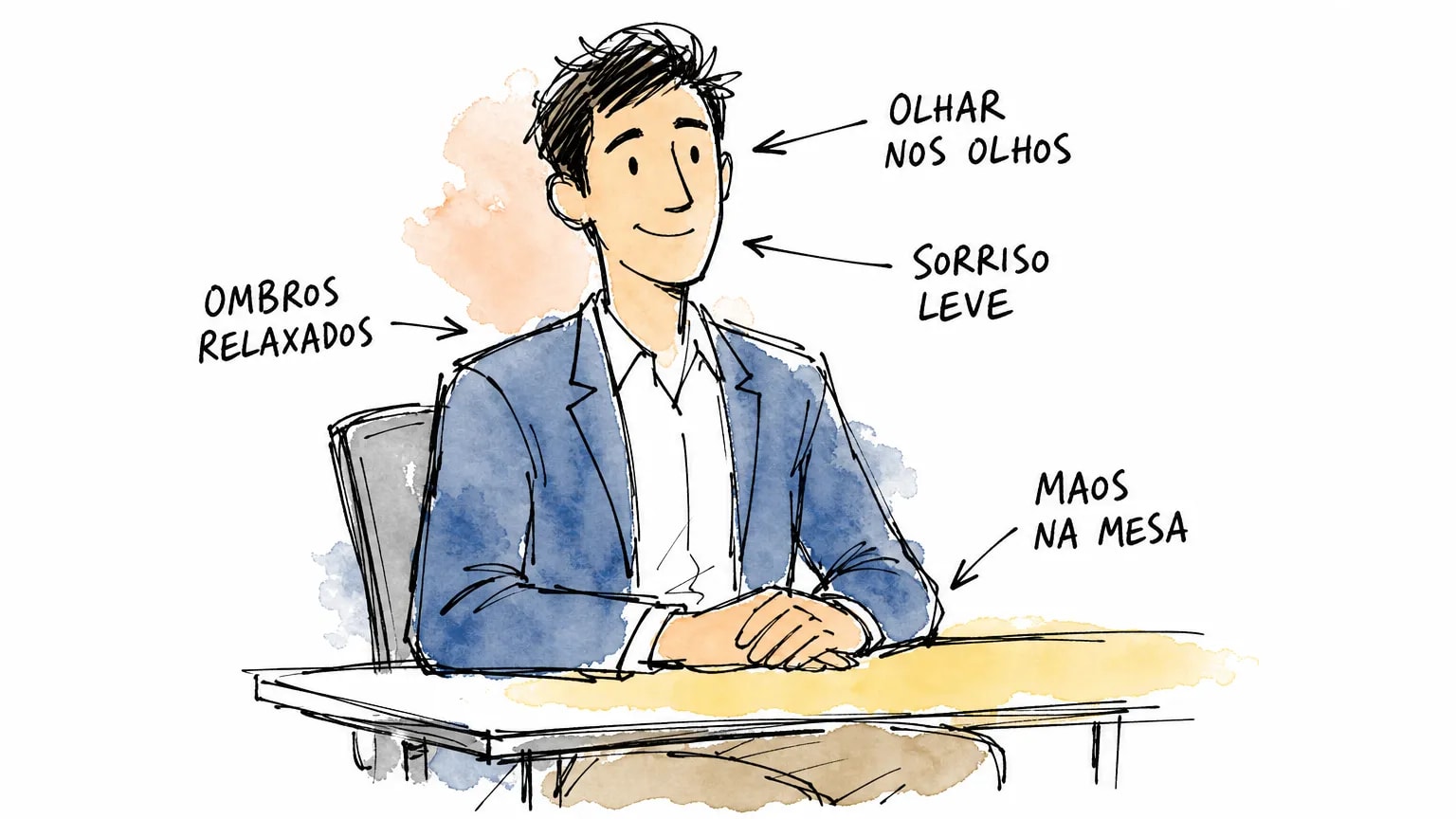 Diagrama doodle de linguagem corporal na entrevista: olhar nos olhos, ombros relaxados, mãos na mesa e sorriso leve