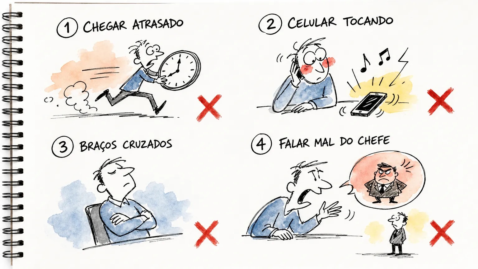Sketchbook doodle com quatro comportamentos que eliminam o candidato em silêncio: chegar atrasado, celular tocando, braços cruzados e falar mal do chefe