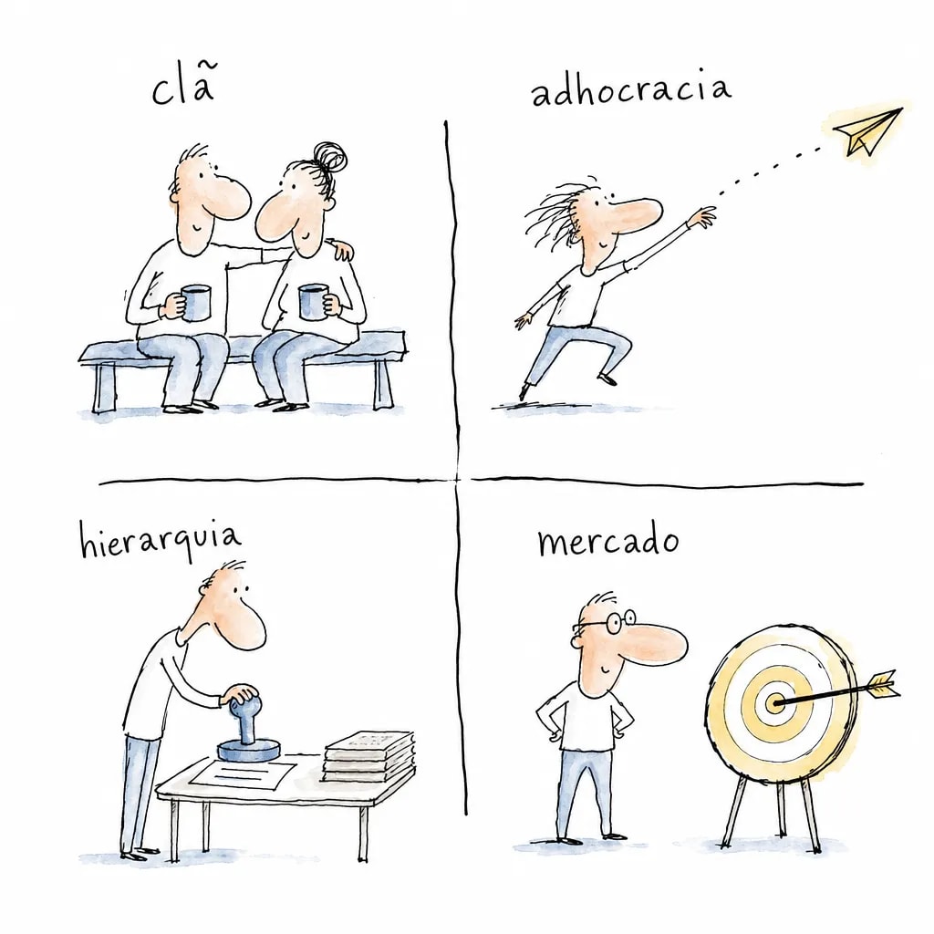 Ilustração dos 4 tipos de cultura organizacional do Competing Values Framework em quatro quadrantes: clã, adhocracia, mercado e hierarquia.
