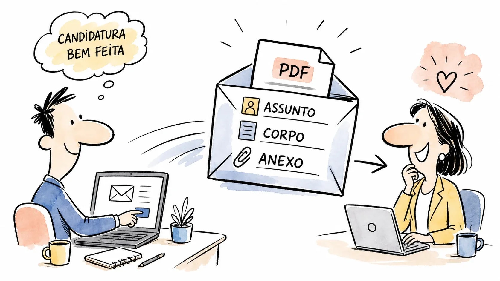 Pessoa enviando e-mail de candidatura com assunto, corpo e anexo organizados
