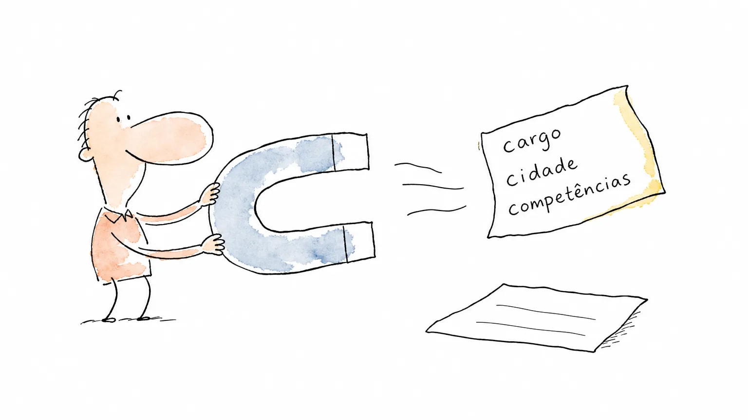 Pessoa com um ímã puxa o cartão escrito cargo, cidade e competências, enquanto o cartão em branco fica no chão: a busca só acha o que está escrito