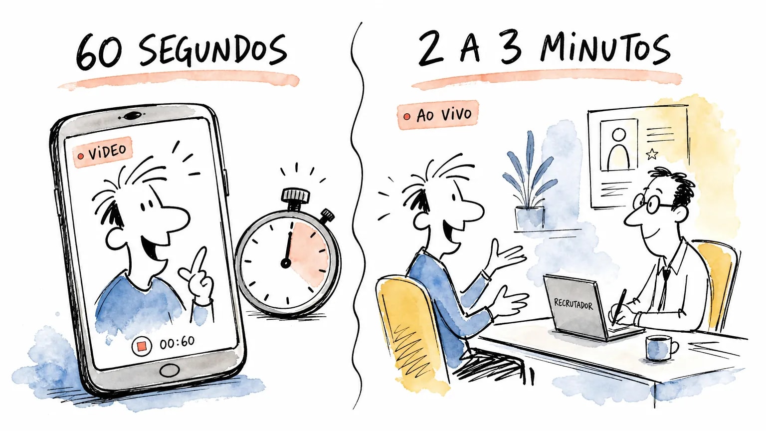 Comparativo doodle entre o pitch de 60 segundos para entrevista por vídeo e a resposta de 2 a 3 minutos ao vivo