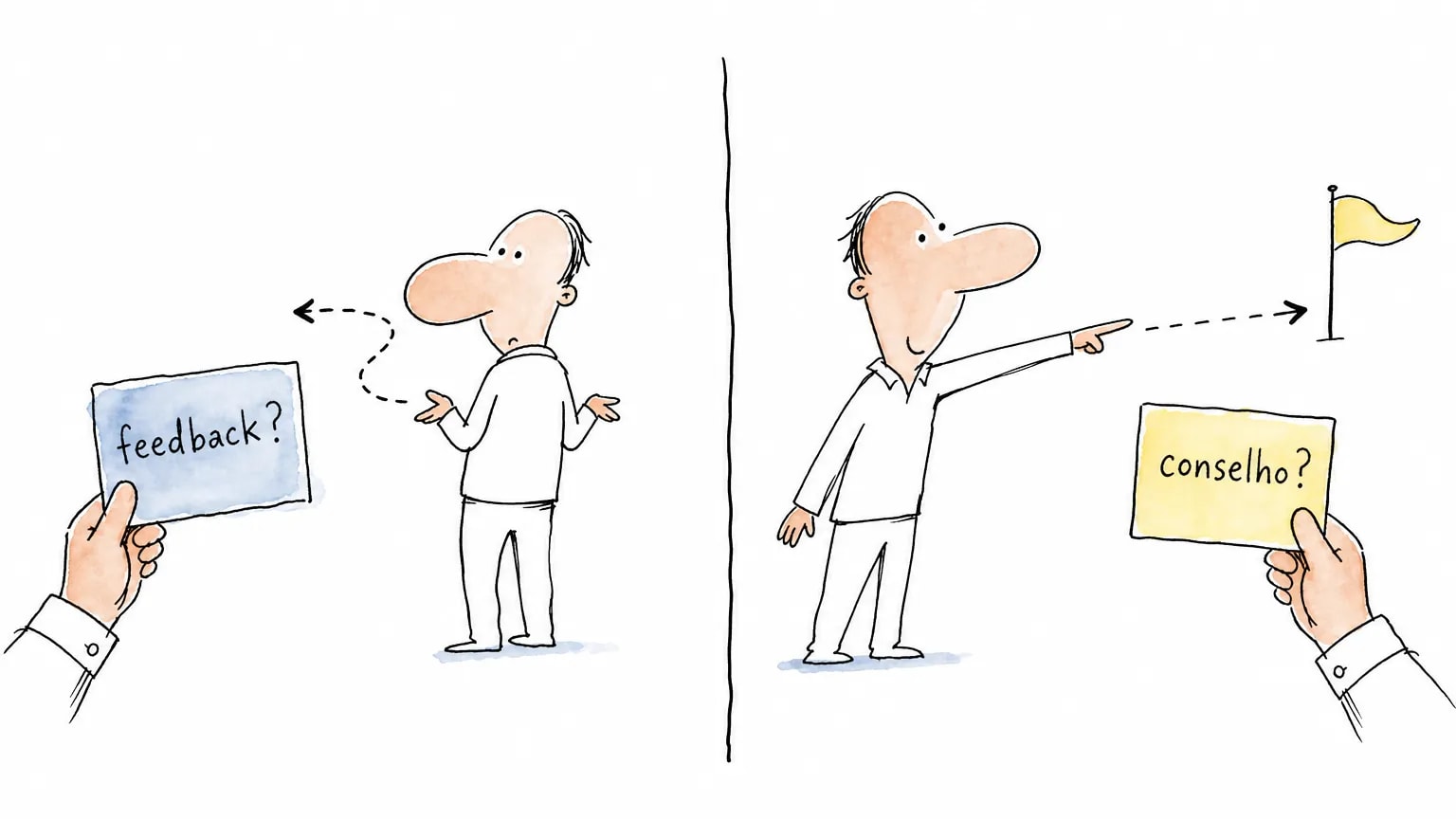 Ilustração em duas metades: pedir "feedback?" faz a pessoa olhar para trás; pedir "conselho?" faz ela apontar para o próximo passo.
