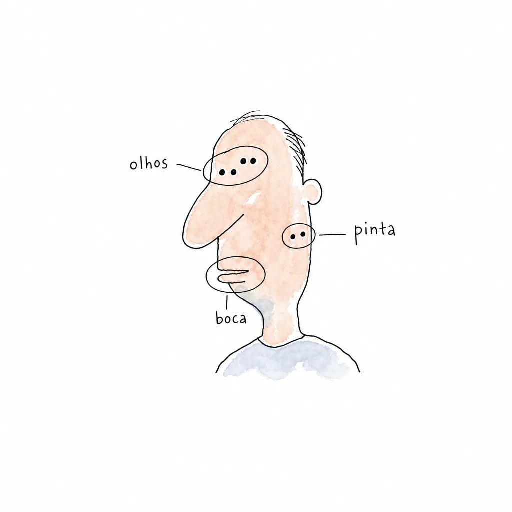 Rosto desenhado à mão com três laços marcando olhos, boca e pinta; só dentro dos laços cada traço aparece duplicado e deslocado.