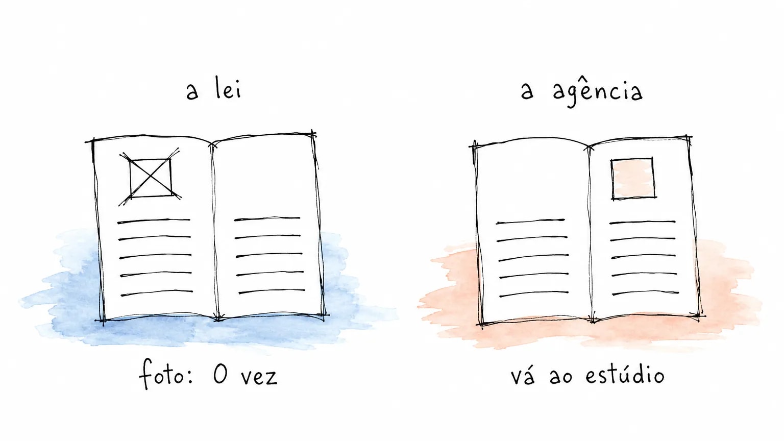 Dois documentos abertos: em "a lei" o quadrado da foto está riscado e "foto: 0 vez"; em "a agência" ele aparece preenchido, com "vá ao estúdio".