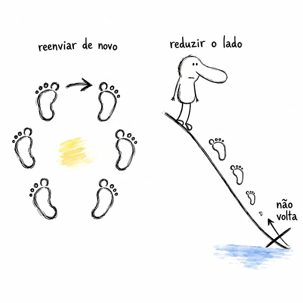 Seis pegadas iguais em círculo sob reenviar de novo e, ao lado, pegadas que encolhem descendo uma ladeira até uma seta de volta riscada: não volta.