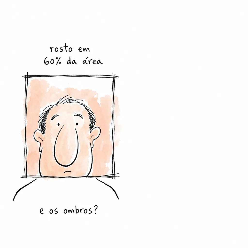Cabeça de traço solto preenchendo um quadrado sob "rosto em 60% da área", com os ombros desenhados fora dele, cortados pela moldura, sob "e os ombros?".
