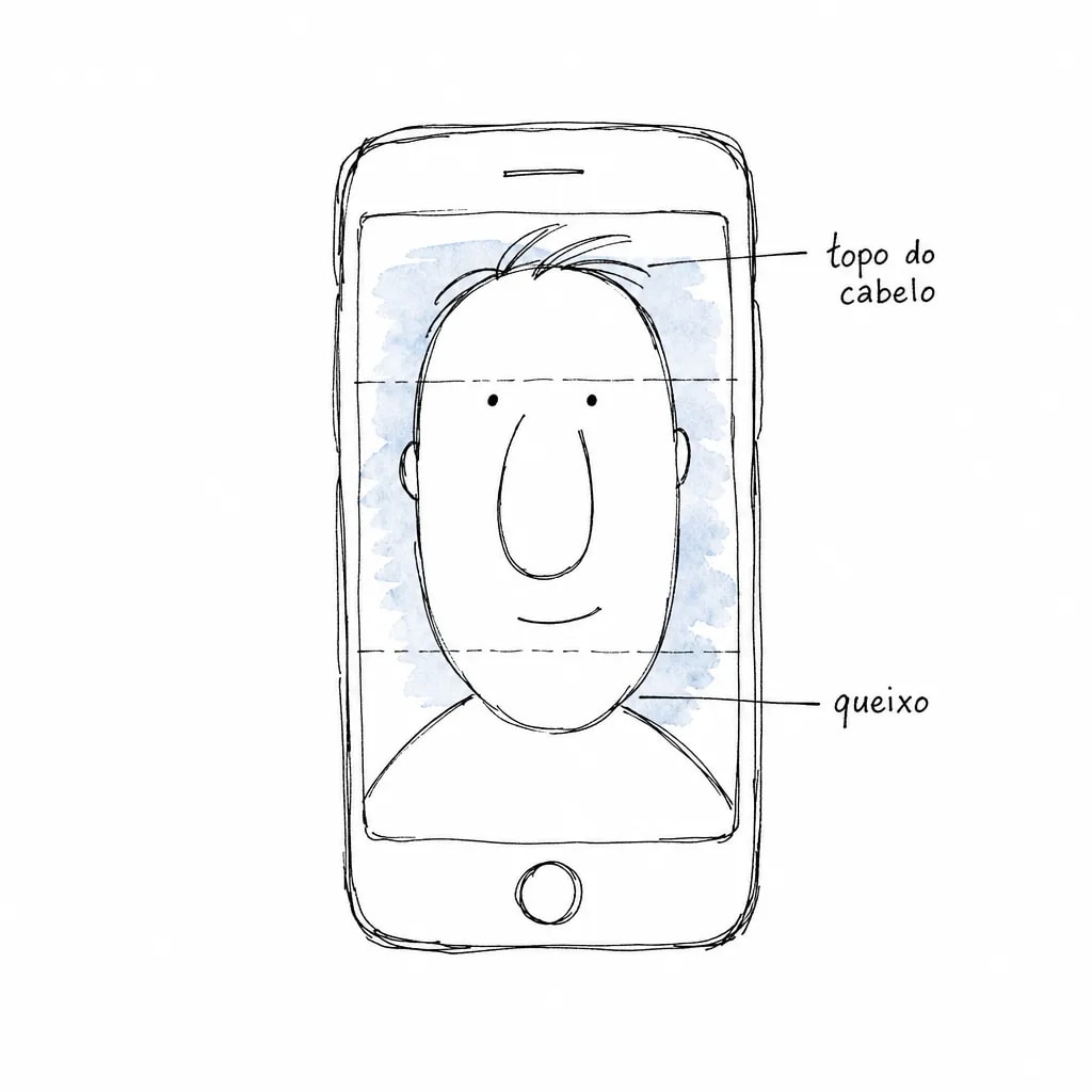 Celular com duas linhas de grade sobre o rosto: o topo do cabelo quase encosta no alto da tela e o queixo cai abaixo da linha de baixo
