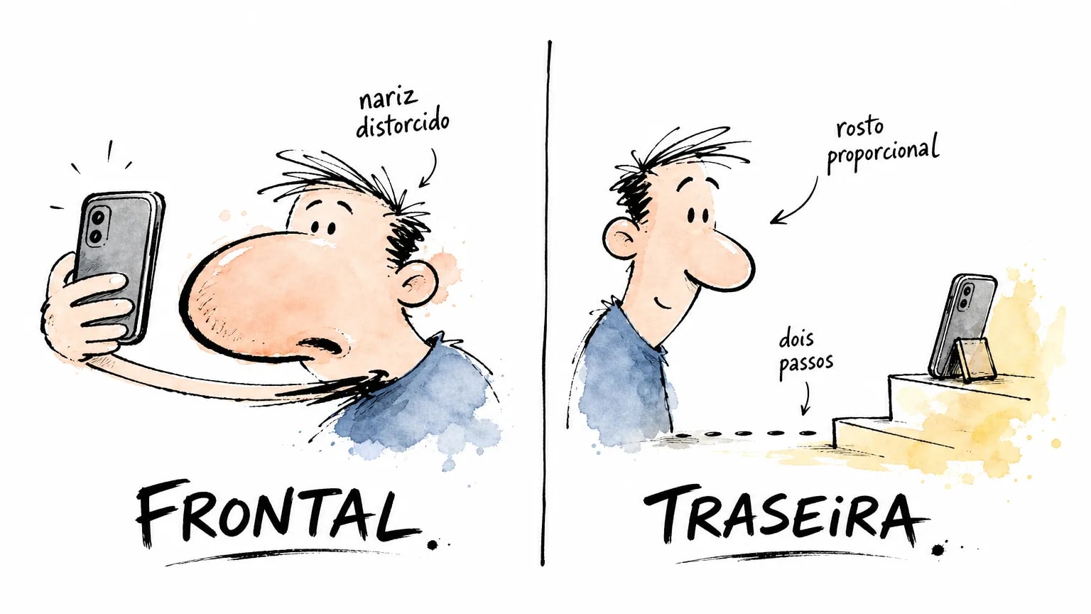 Comparação entre câmera frontal colada no rosto, que distorce o nariz, e câmera traseira a dois passos, que mantém as proporções do rosto
