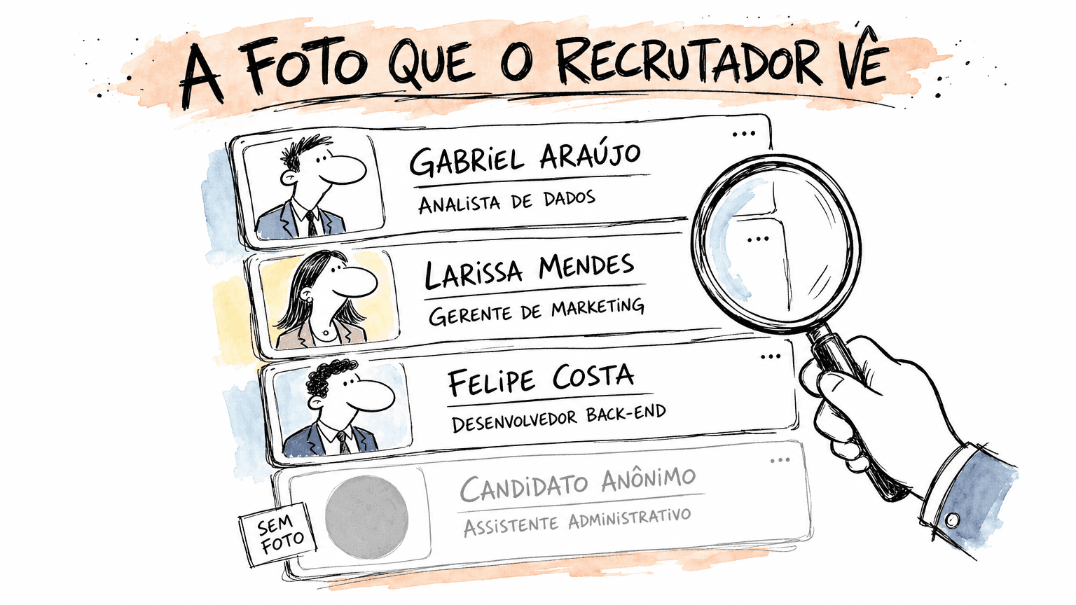 Ilustração estilo Red Bull do painel do recrutador na Gupy com cards de candidatos, um deles sem foto destacado como menos visível na lista.
