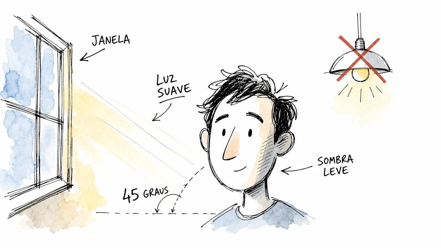 Diagrama de luz de janela para retrato: luz suave a 45 graus no rosto, sombra leve, evitando a luz dura do teto