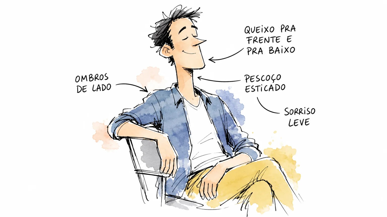 Pose para retrato anotada: ombros de lado, queixo para a frente e para baixo, pescoço esticado e sorriso leve
