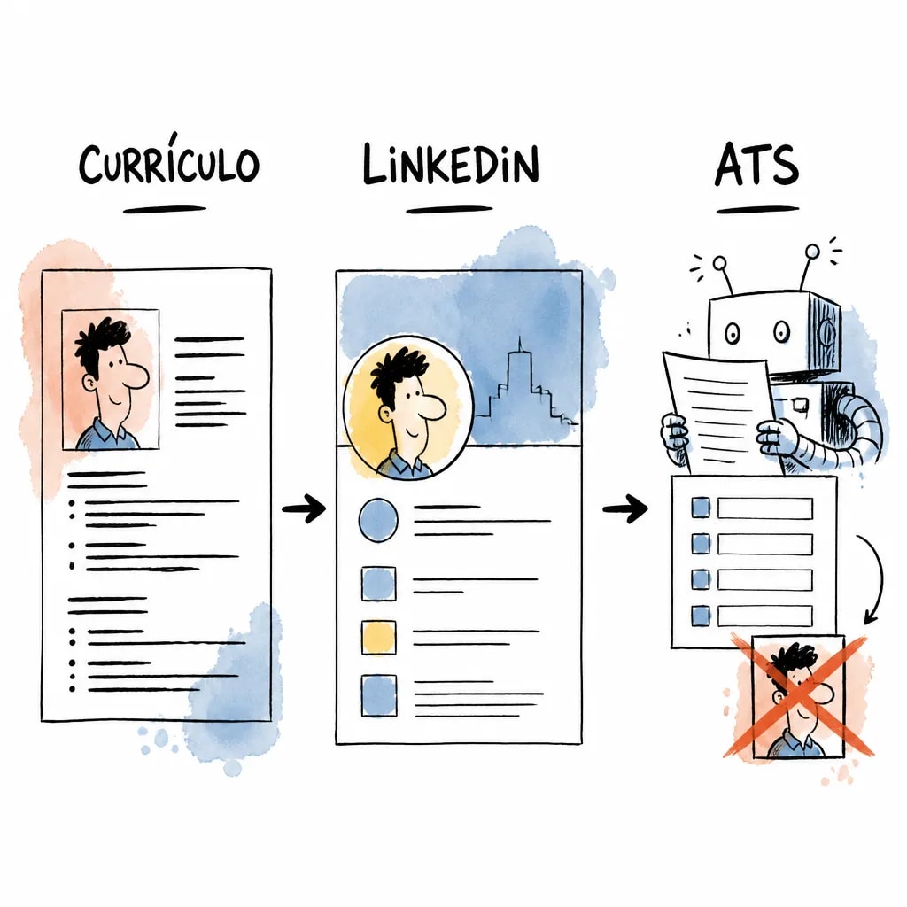 Comparação visual entre currículo, Linkedin e ATS no primeiro emprego