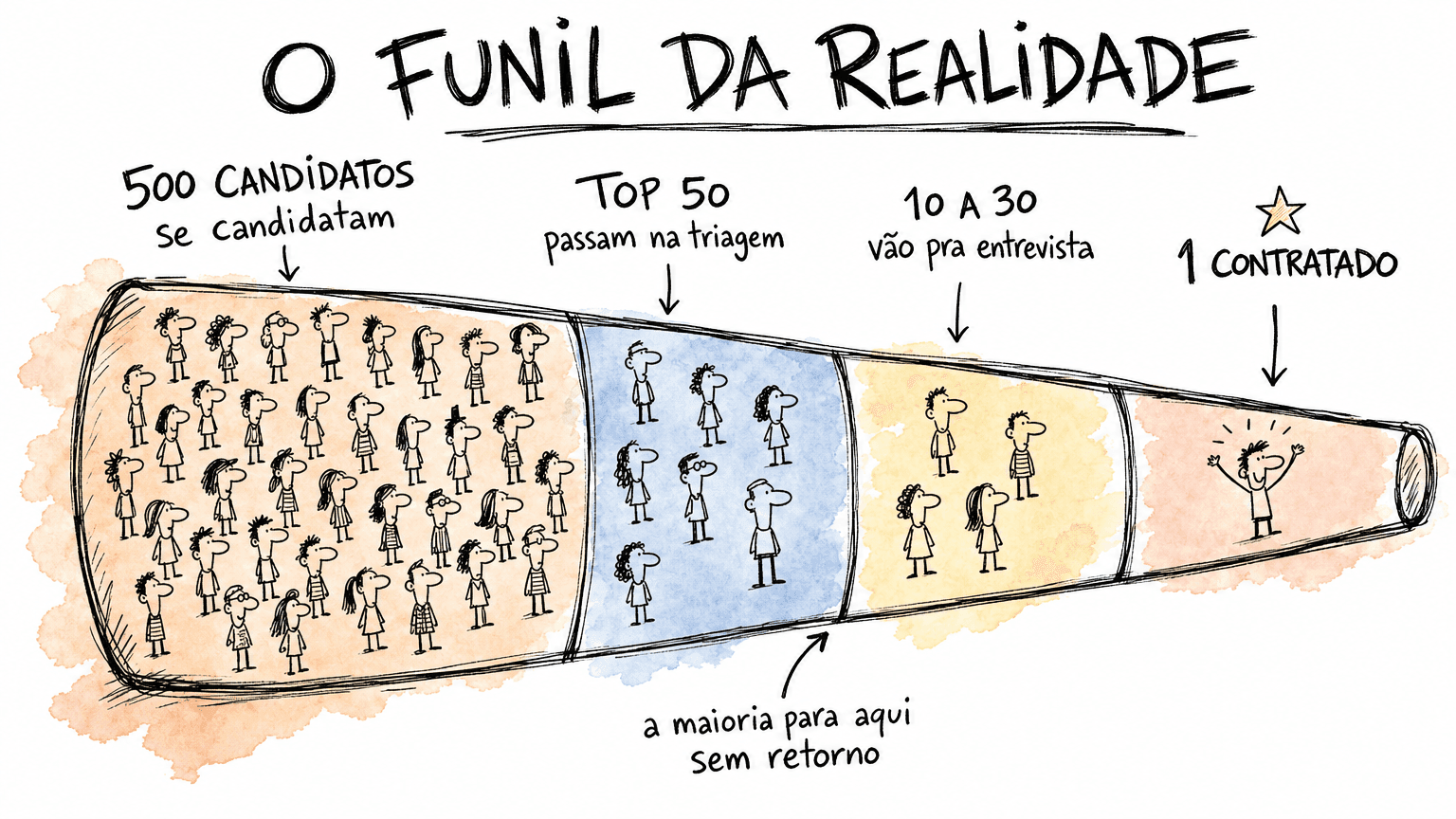 O funil real da Gupy: poucos viram entrevista e um único contratado por vaga.