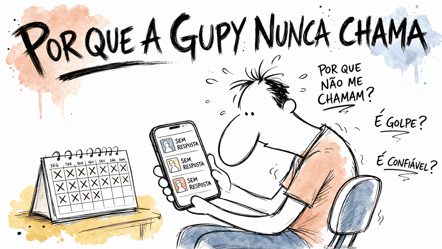 Ilustração estilo Red Bull de um candidato olhando o celular com vagas sem resposta, perguntando por que a Gupy nunca chama e se é confiável.
