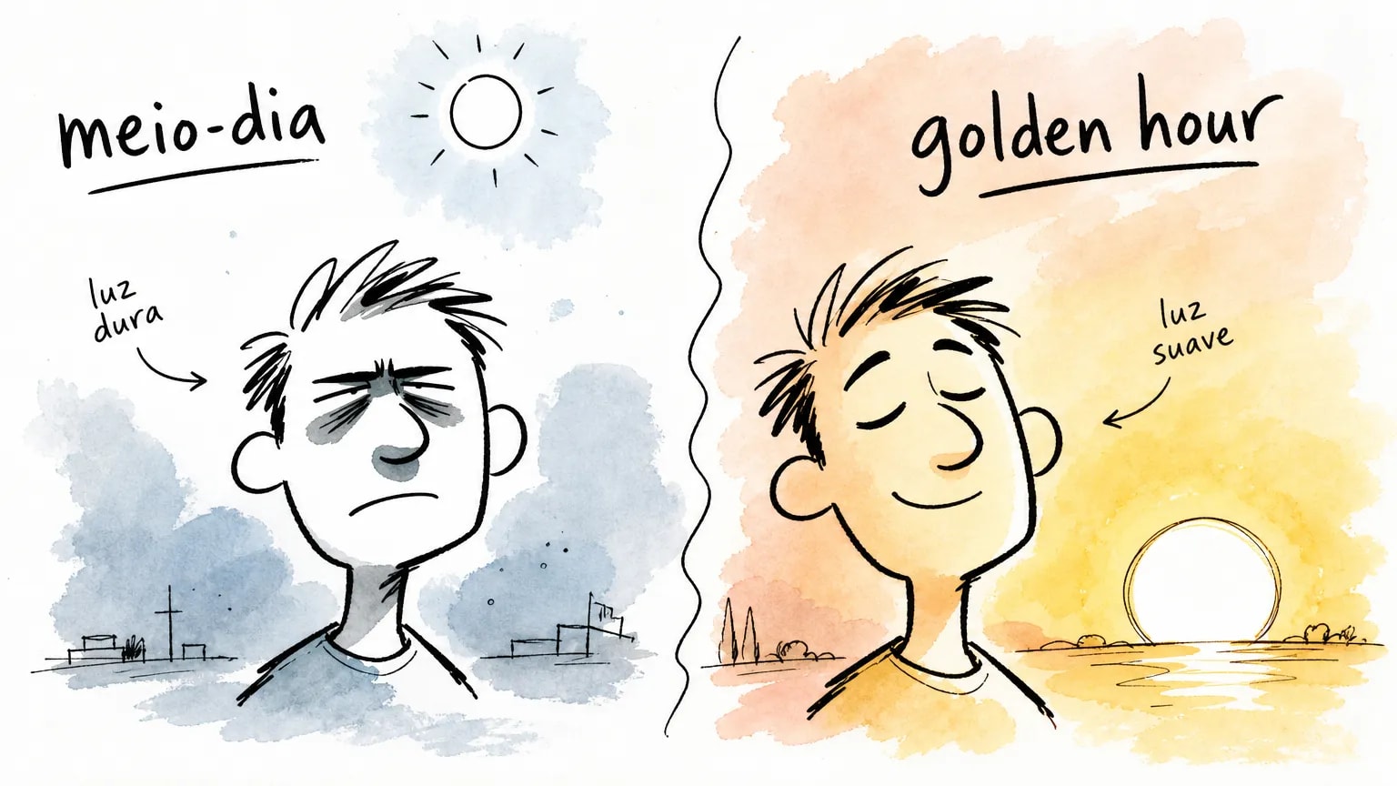 Comparativo entre luz dura de meio-dia, que cria sombras pesadas no rosto, e a luz suave e dourada da golden hour, que favorece o retrato