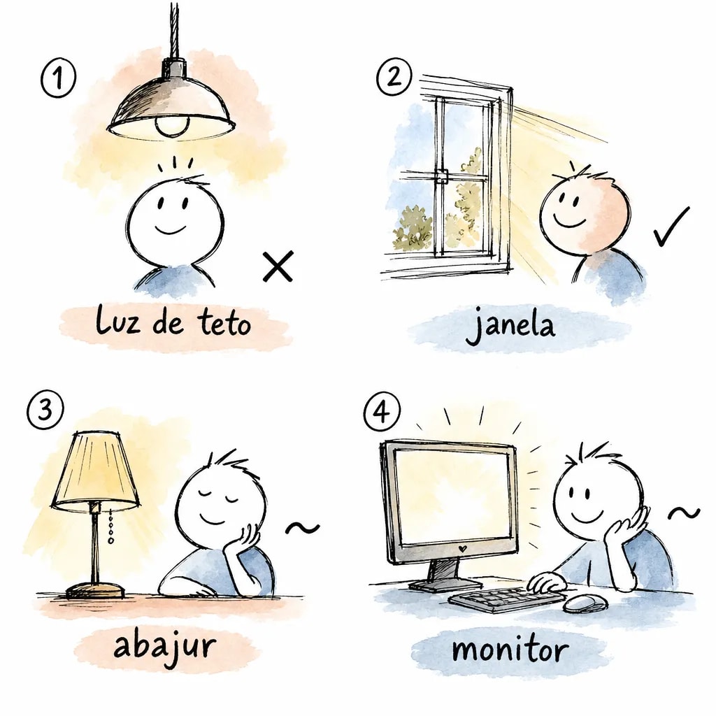 Mapa de fontes de luz dentro de casa: luz de teto reprovada, janela aprovada, abajur e monitor como apoio neutro para iluminar o rosto