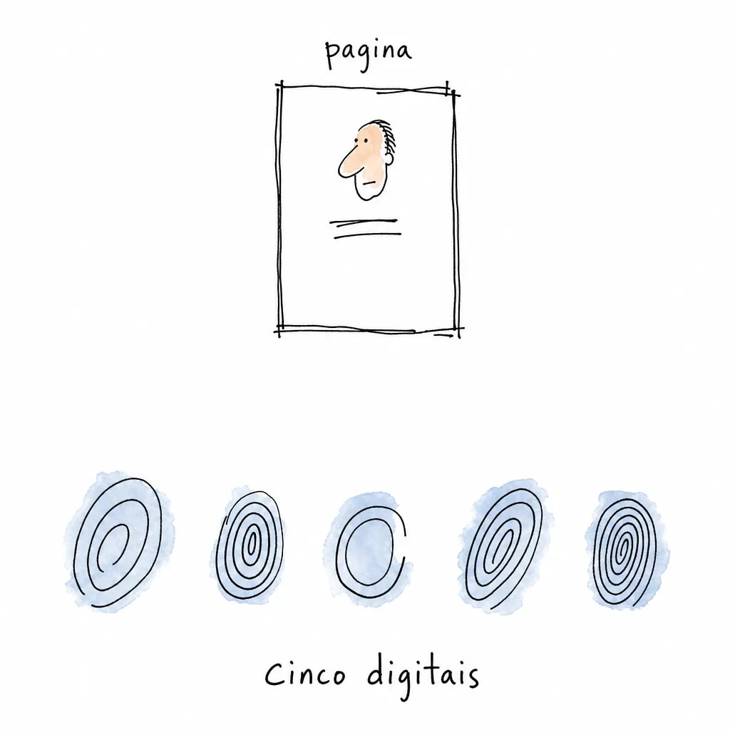 Um cartão de página com um rosto minúsculo, sob o rótulo pagina, e embaixo cinco impressões digitais desenhadas, todas diferentes entre si.