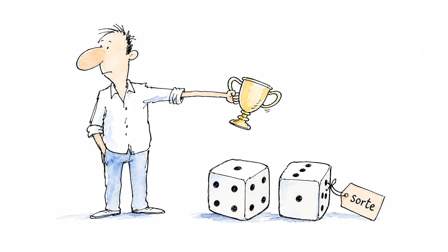 Ilustração de um homem que estica o braço para entregar o próprio troféu a dois dados grandes, um deles com a etiqueta sorte.