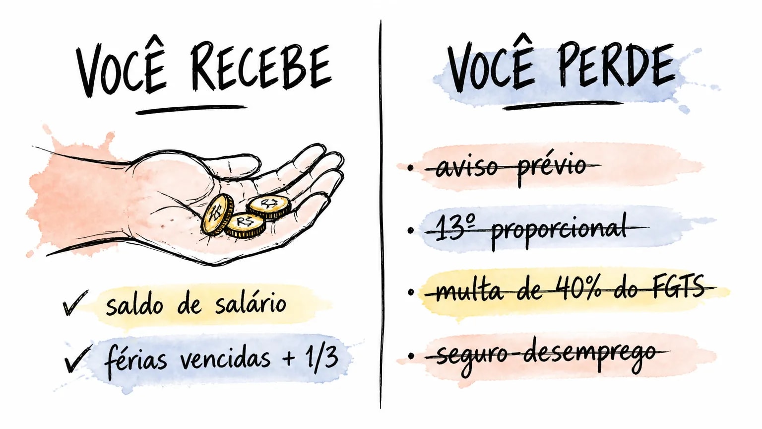 Comparativo do que o trabalhador recebe (saldo de salário e férias vencidas) e do que perde na justa causa (aviso prévio, 13º, multa do FGTS e seguro-desemprego).