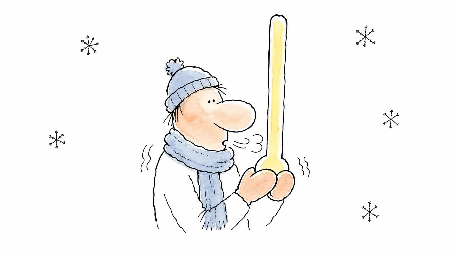 Ilustração de uma pessoa de cachecol e gorro, tremendo de frio sob a neve, soprando a base de um termômetro cuja coluna sobe até o topo.
