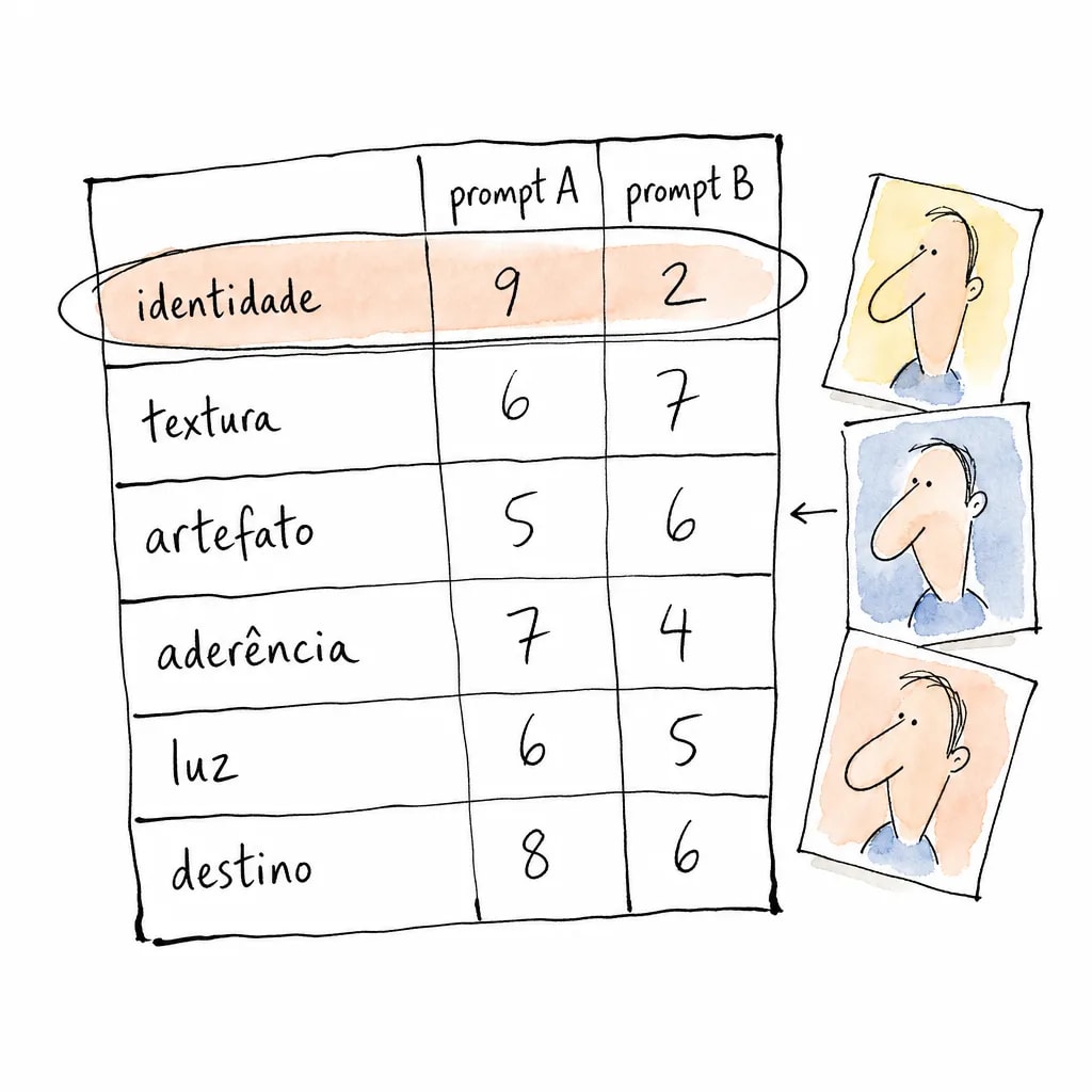 Planilha de notas feita à mão comparando prompt A e prompt B em seis critérios, com a linha identidade circulada como a que decide o resultado.
