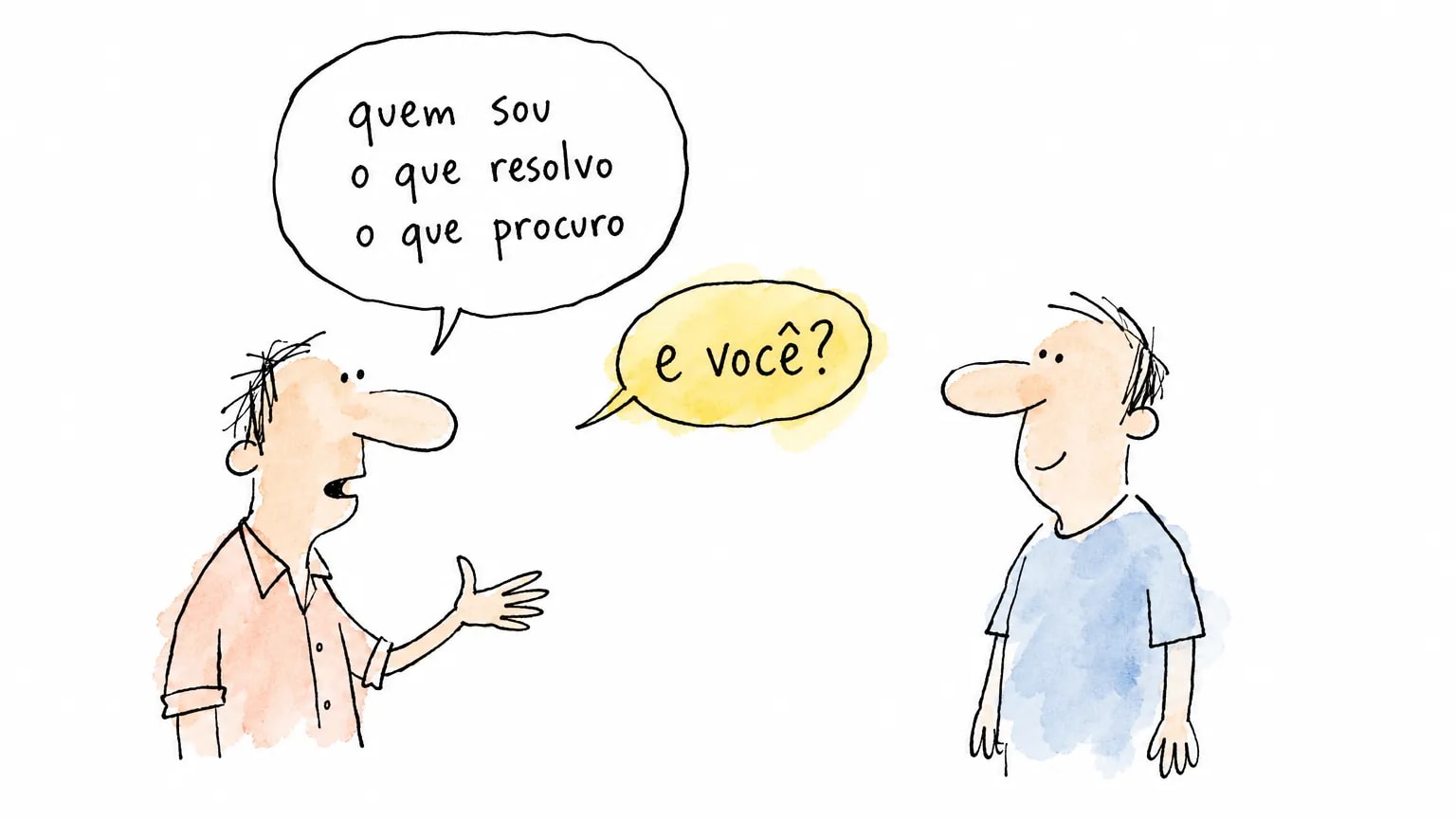Pessoa fala o pitch num balão com "quem sou", "o que resolvo" e "o que procuro" e fecha com um balão menor, "e você?", para quem escuta