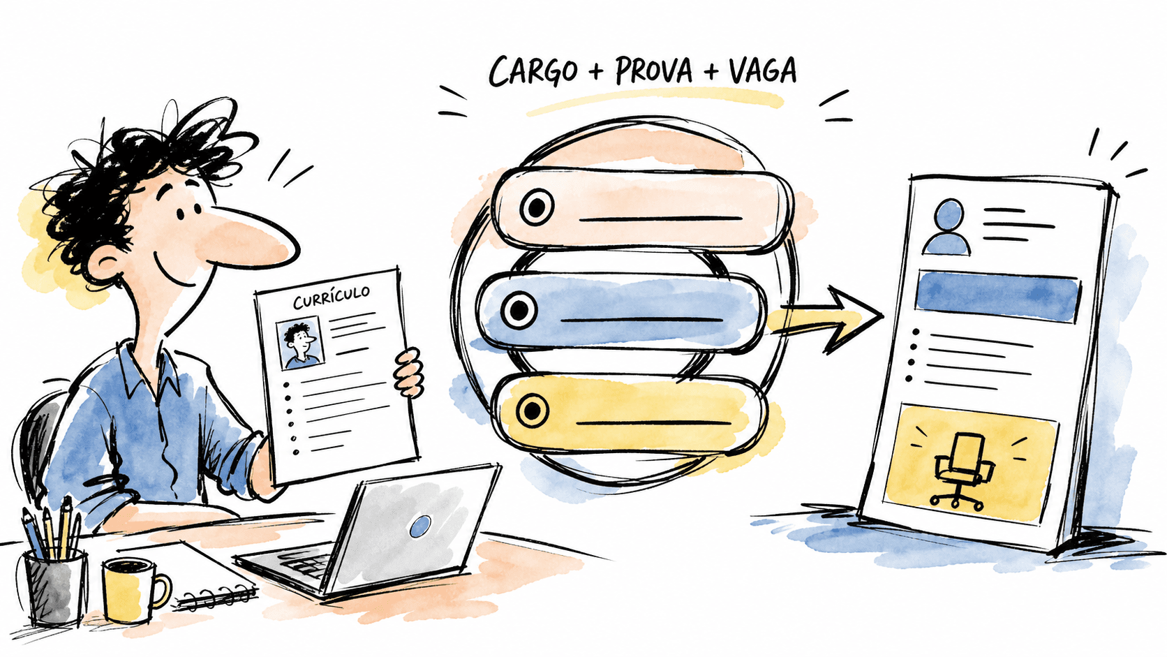 Pessoa montando um currículo com três campos que apontam para uma vaga